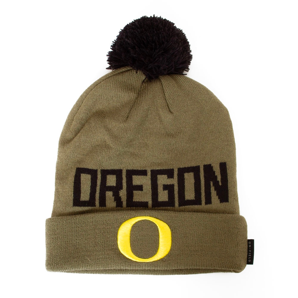 Classic Oregon O, Nike, Green, Beanie, Acrylic, Accessories, Unisex, Peak, Cuffed, Pom, Military Appreciation, Hat, 916416